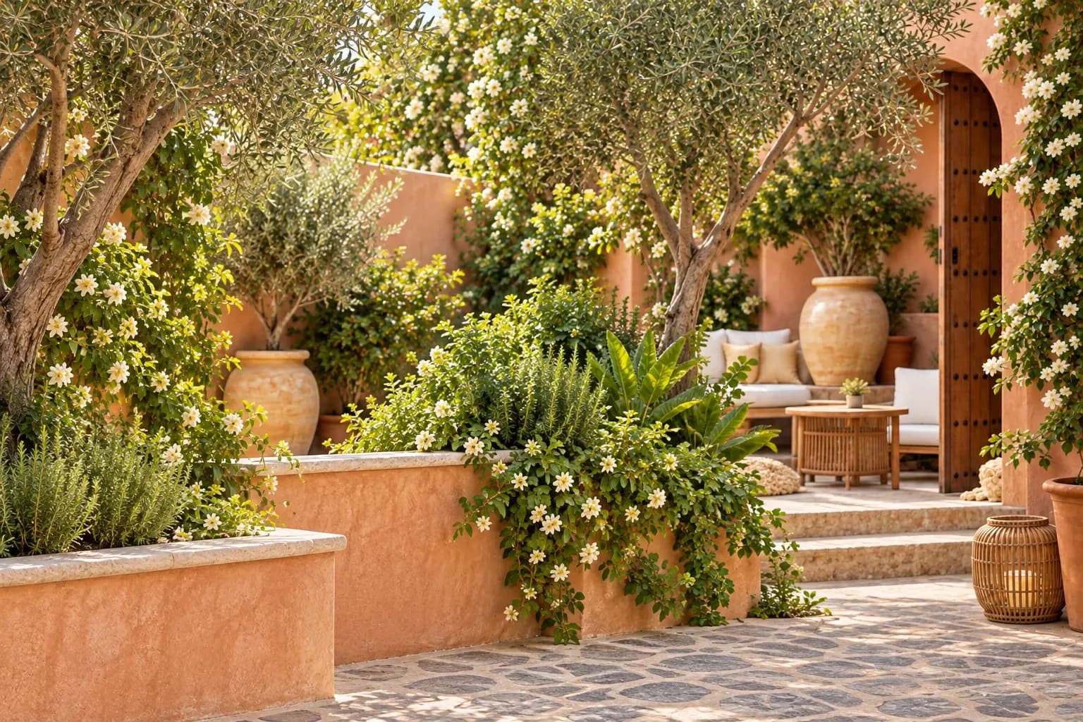A sunlit Mediterranean hotel terrace with olive trees
