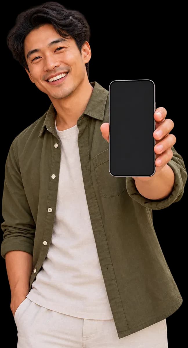 A smiling guest holding up his phone