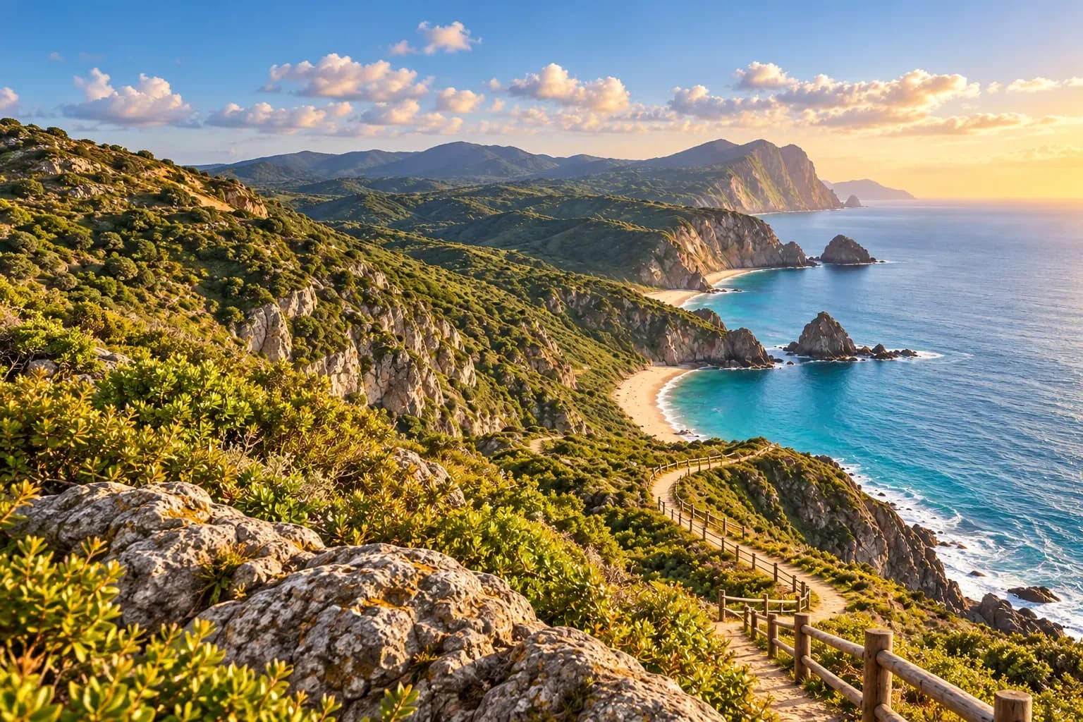 A coastal walking track above a turquoise bay