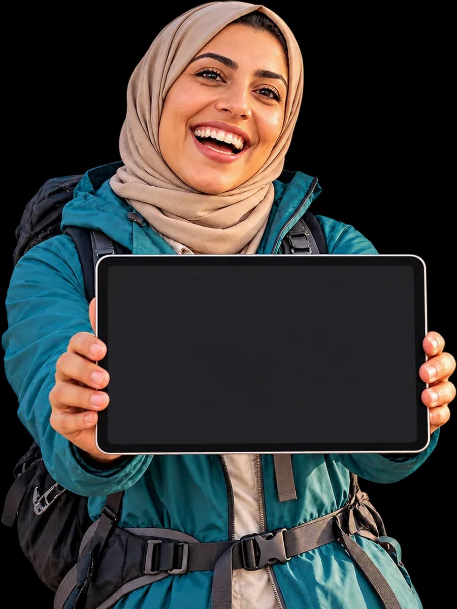 A smiling traveller holding up a tablet