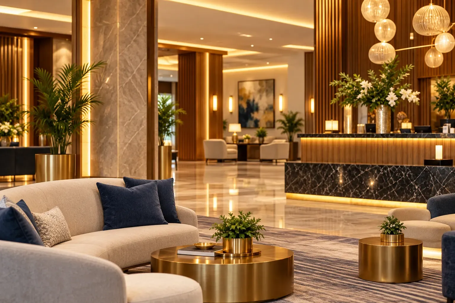 A warm, golden hotel lobby
