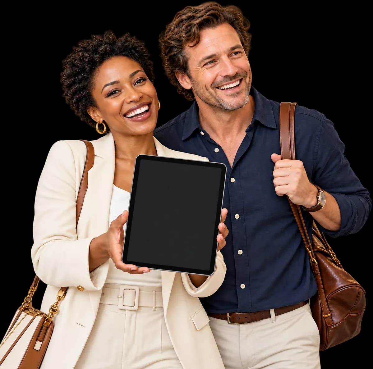 Two hotel guests smiling, one holding a tablet