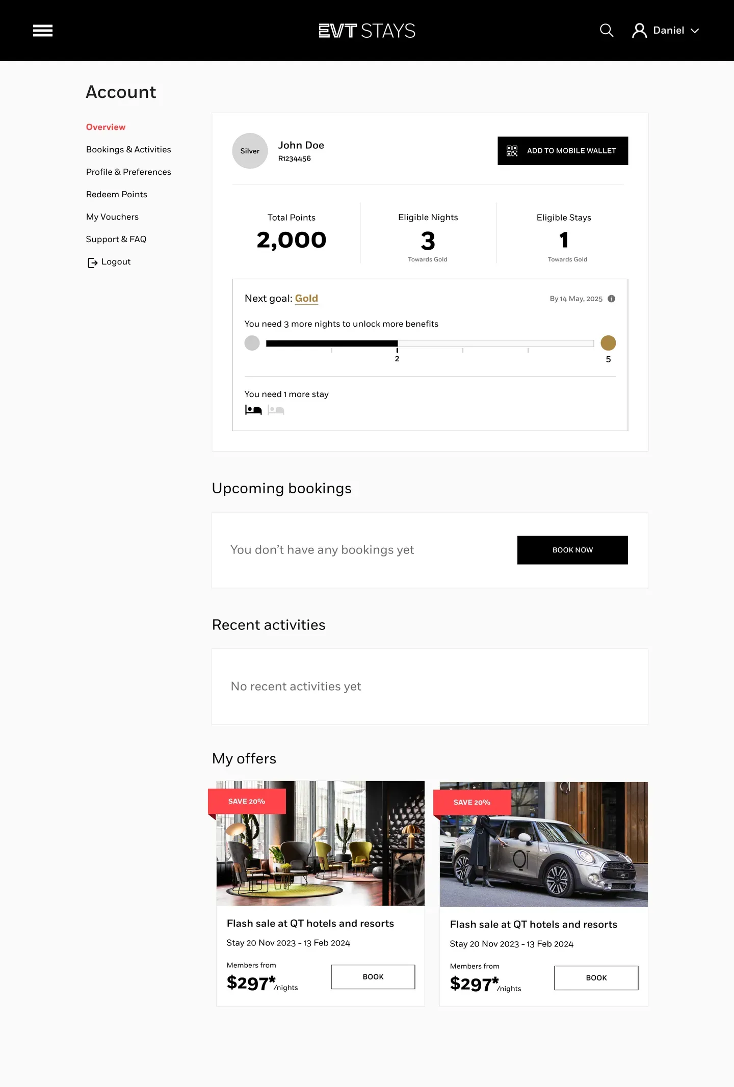 EVT Hotels — Member dashboard