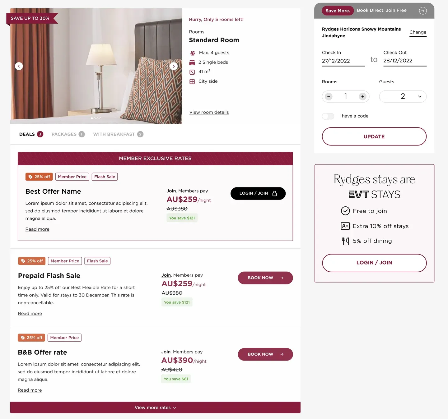 EVT Hotels — Member-exclusive rates beside the public price