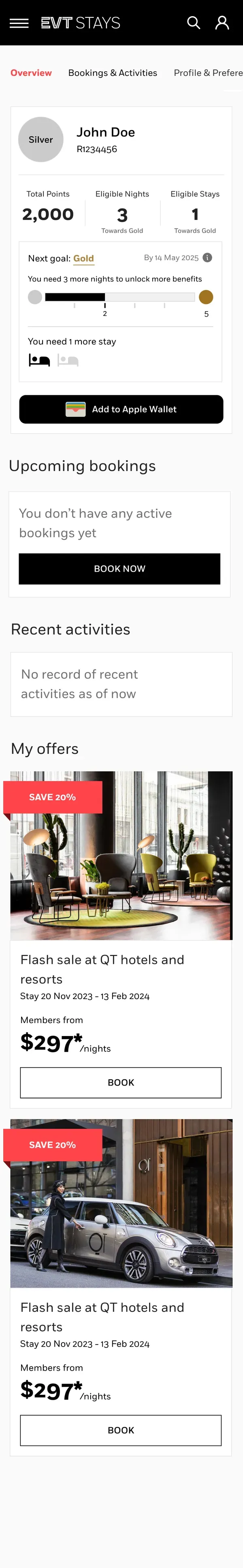 EVT Hotels — Member dashboard — mobile