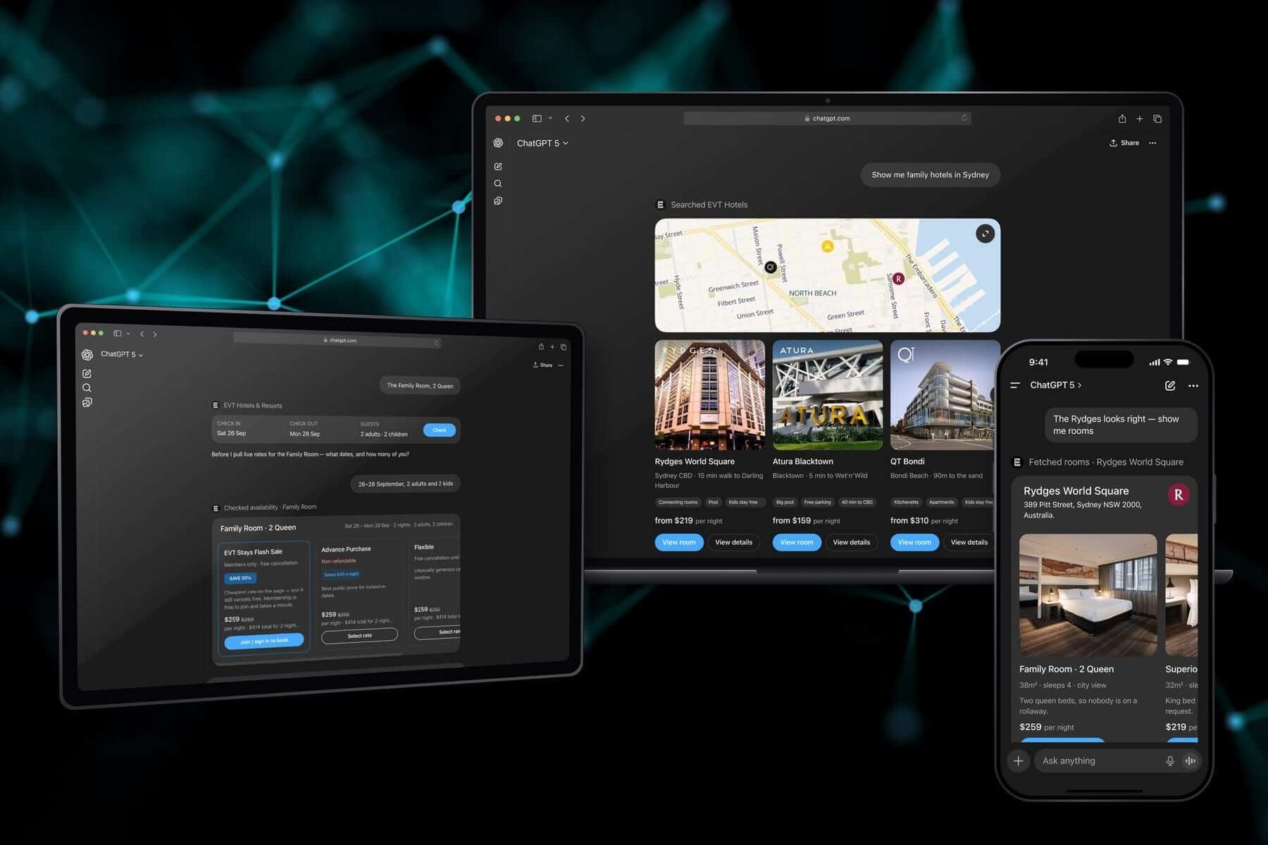 The EVT Hotels ChatGPT app on laptop, tablet and phone