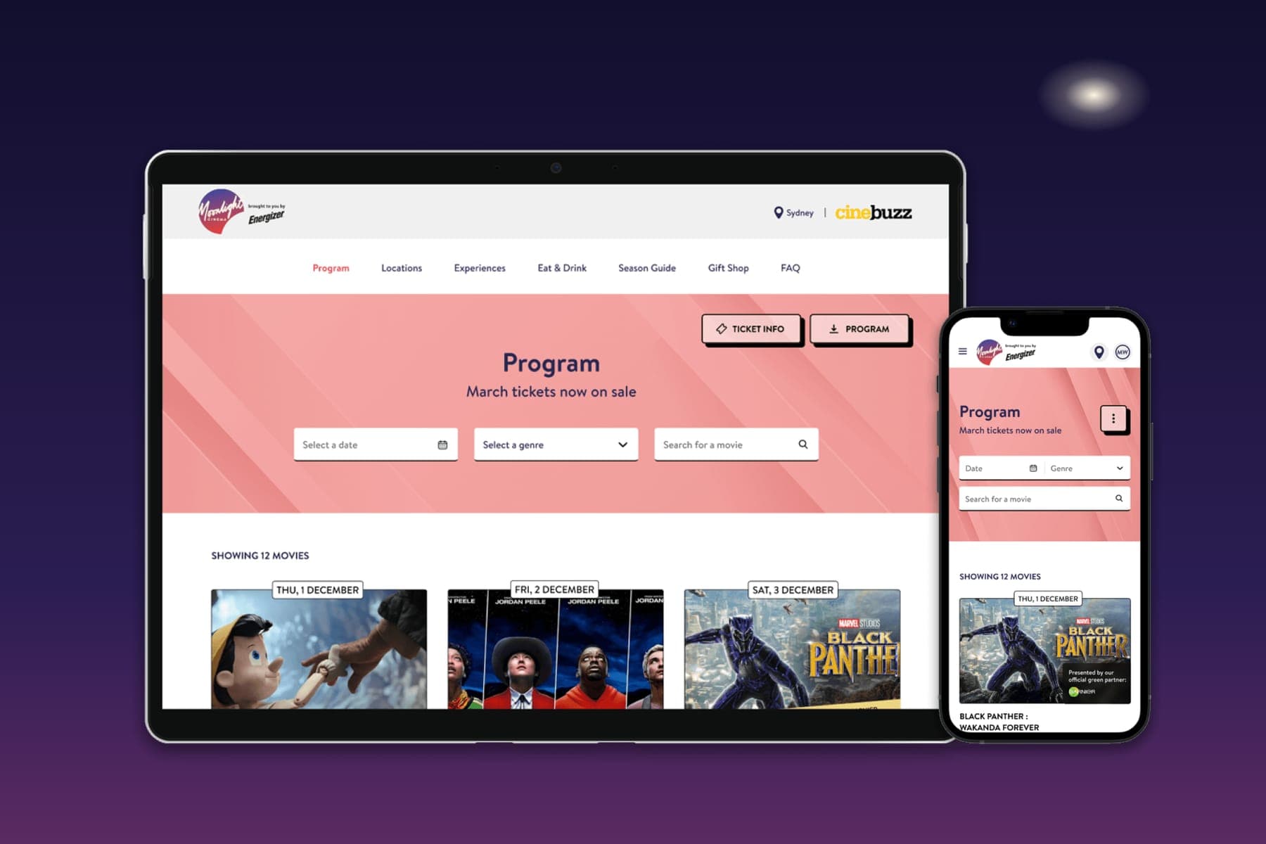 The Moonlight Cinema program on tablet and phone
