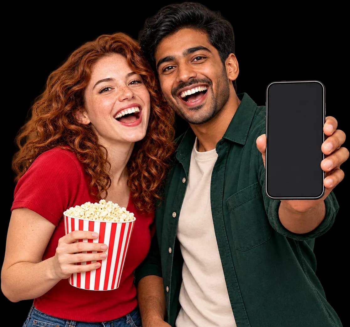 Two cinema-goers laughing, with popcorn and a phone